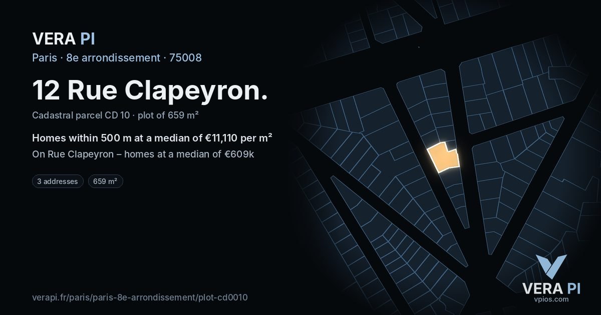 12 Rue Clapeyron, 8e arrondissement at night – the plot lit, the parcels around coloured by the prices near them