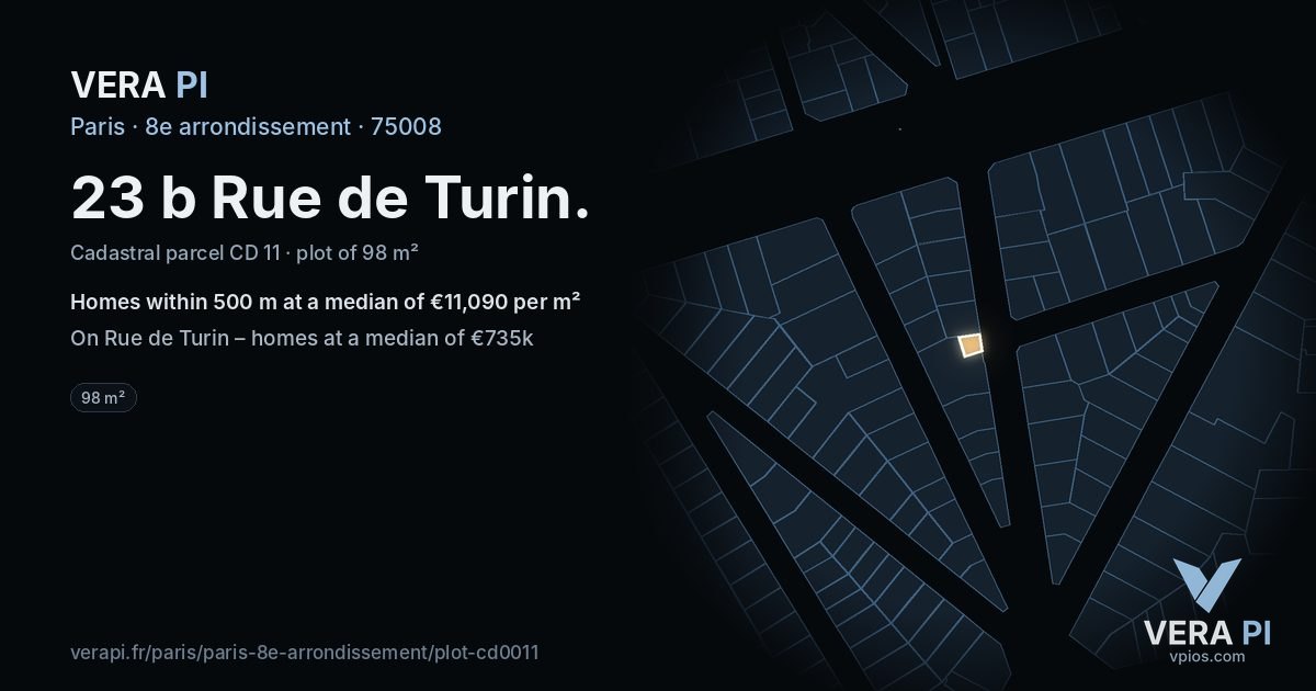 23 b Rue de Turin, 8e arrondissement at night – the plot lit, the parcels around coloured by the prices near them