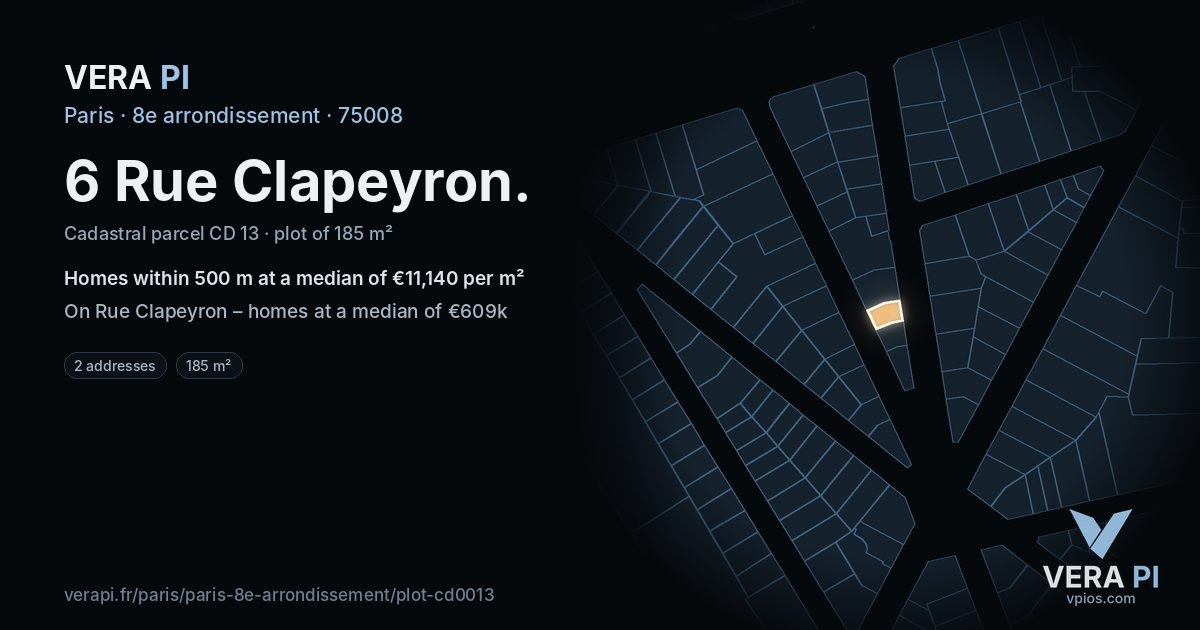6 Rue Clapeyron, 8e arrondissement at night – the plot lit, the parcels around coloured by the prices near them