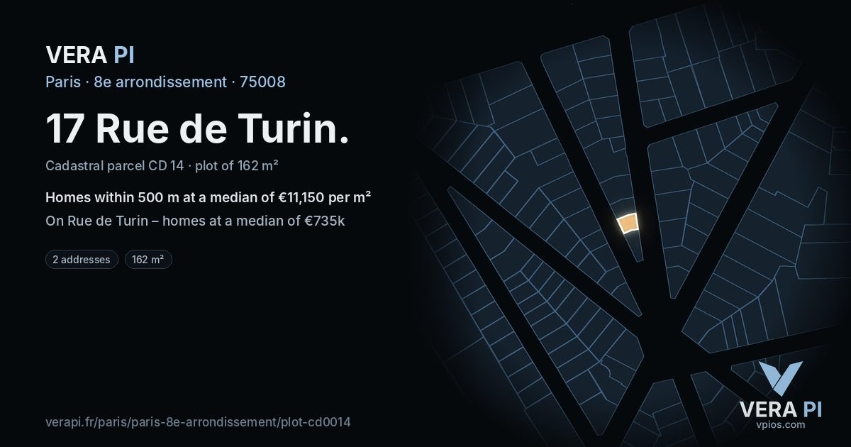 17 Rue de Turin, 8e arrondissement at night – the plot lit, the parcels around coloured by the prices near them