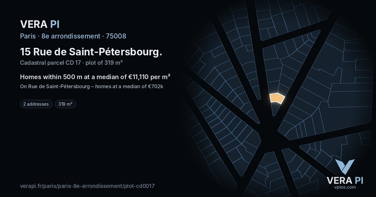 15 Rue de Saint-Pétersbourg, 8e arrondissement at night – the plot lit, the parcels around coloured by the prices near them