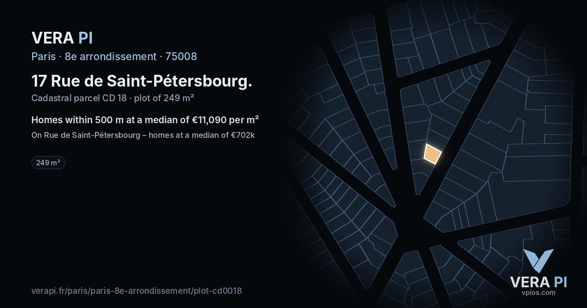 17 Rue de Saint-Pétersbourg, 8e arrondissement at night – the plot lit, the parcels around coloured by the prices near them