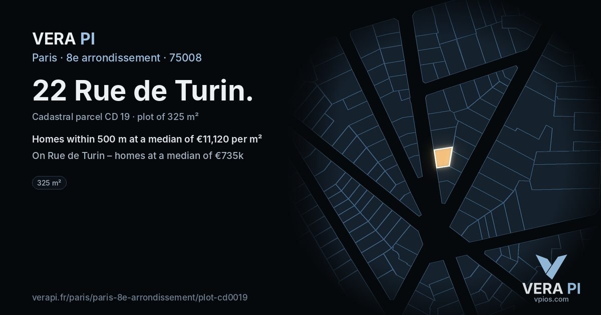22 Rue de Turin, 8e arrondissement at night – the plot lit, the parcels around coloured by the prices near them