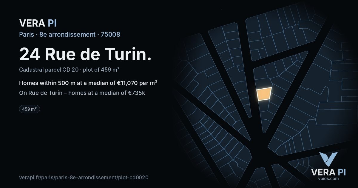24 Rue de Turin, 8e arrondissement at night – the plot lit, the parcels around coloured by the prices near them
