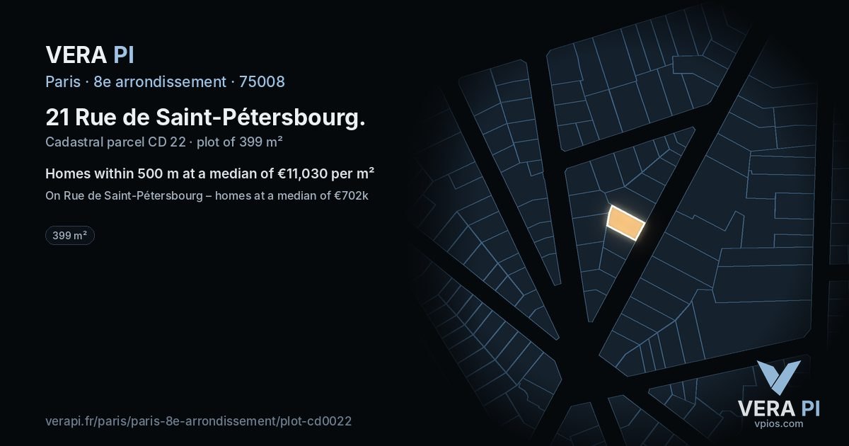 21 Rue de Saint-Pétersbourg, 8e arrondissement at night – the plot lit, the parcels around coloured by the prices near them
