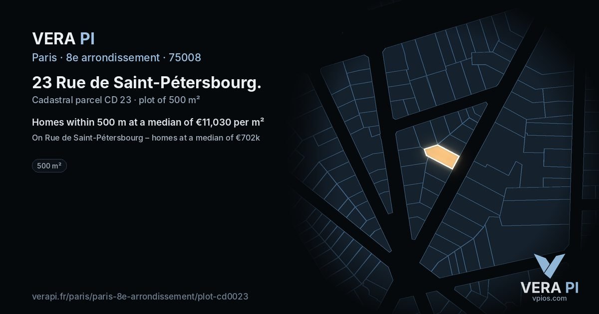 23 Rue de Saint-Pétersbourg, 8e arrondissement at night – the plot lit, the parcels around coloured by the prices near them