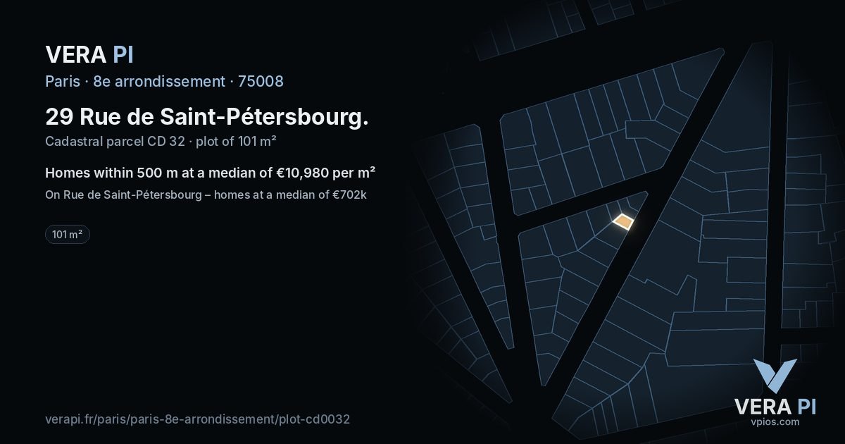 29 Rue de Saint-Pétersbourg, 8e arrondissement at night – the plot lit, the parcels around coloured by the prices near them