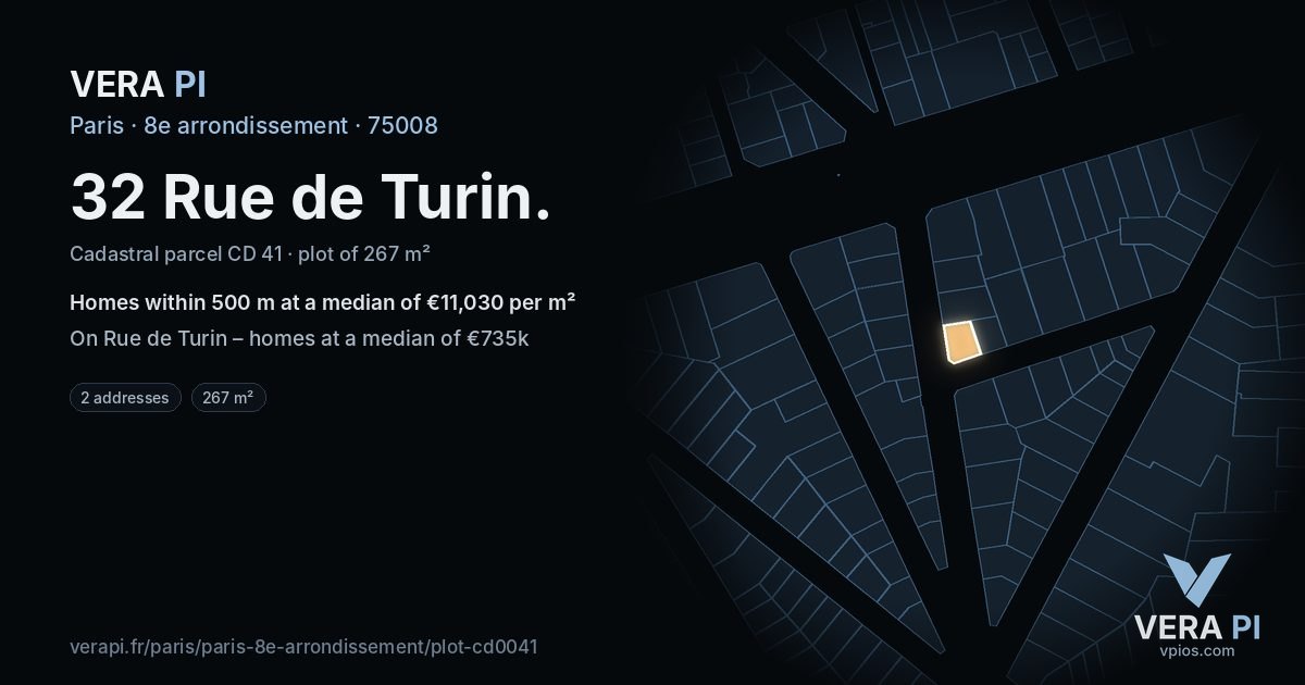 32 Rue de Turin, 8e arrondissement at night – the plot lit, the parcels around coloured by the prices near them