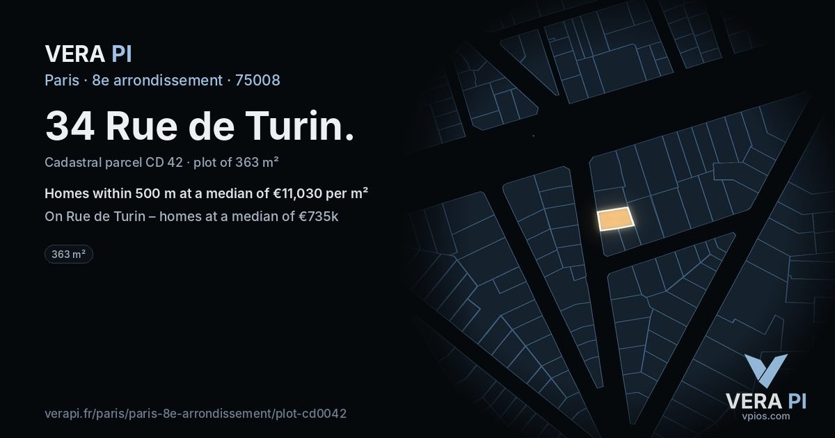 34 Rue de Turin, 8e arrondissement at night – the plot lit, the parcels around coloured by the prices near them