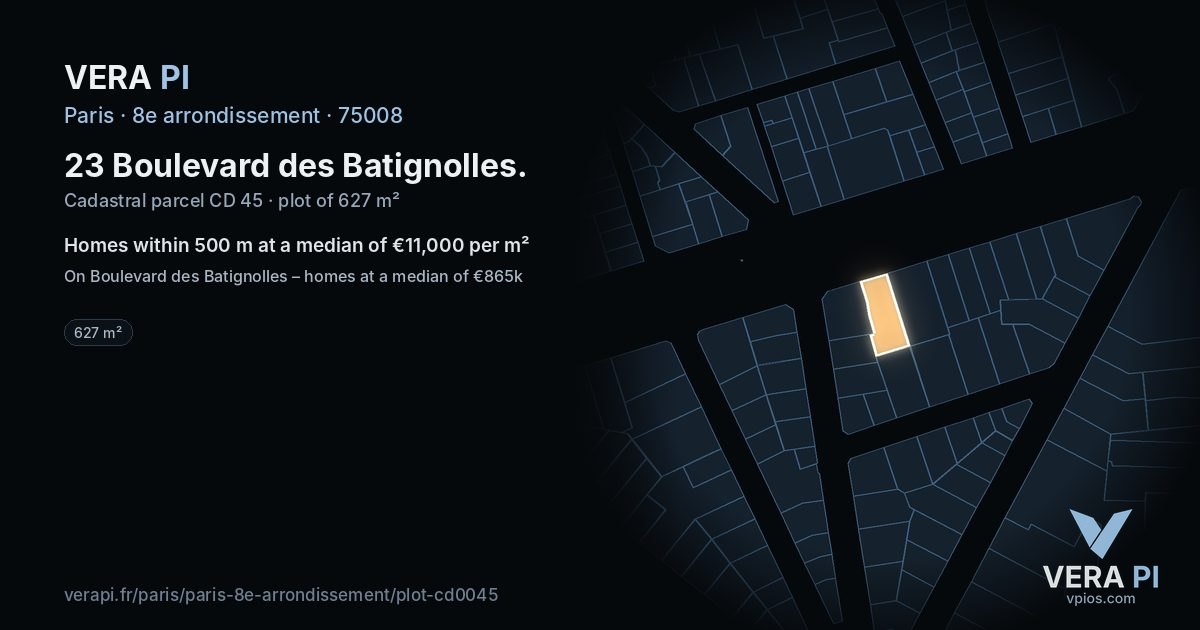 23 Boulevard des Batignolles, 8e arrondissement at night – the plot lit, the parcels around coloured by the prices near them