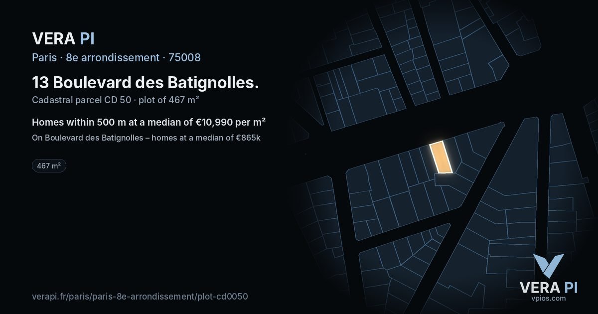 13 Boulevard des Batignolles, 8e arrondissement at night – the plot lit, the parcels around coloured by the prices near them
