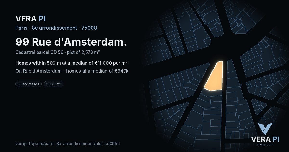 99 Rue d'Amsterdam, 8e arrondissement at night – the plot lit, the parcels around coloured by the prices near them