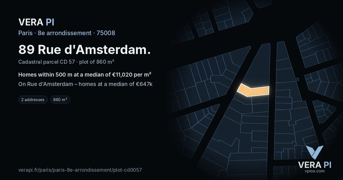 89 Rue d'Amsterdam, 8e arrondissement at night – the plot lit, the parcels around coloured by the prices near them