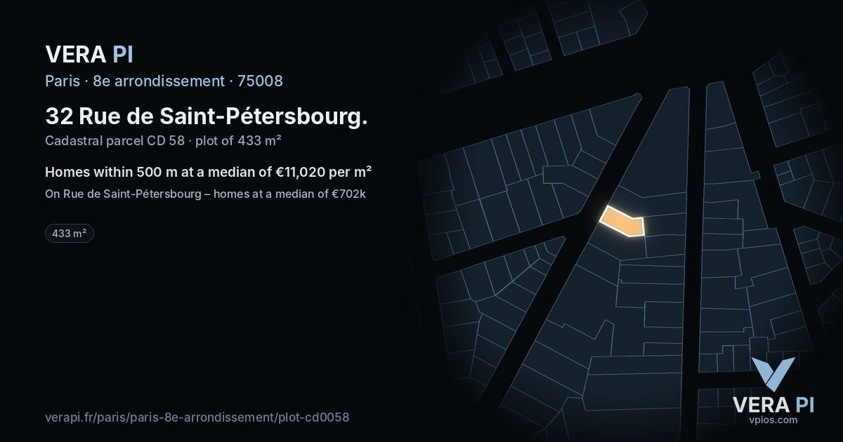 32 Rue de Saint-Pétersbourg, 8e arrondissement at night – the plot lit, the parcels around coloured by the prices near them