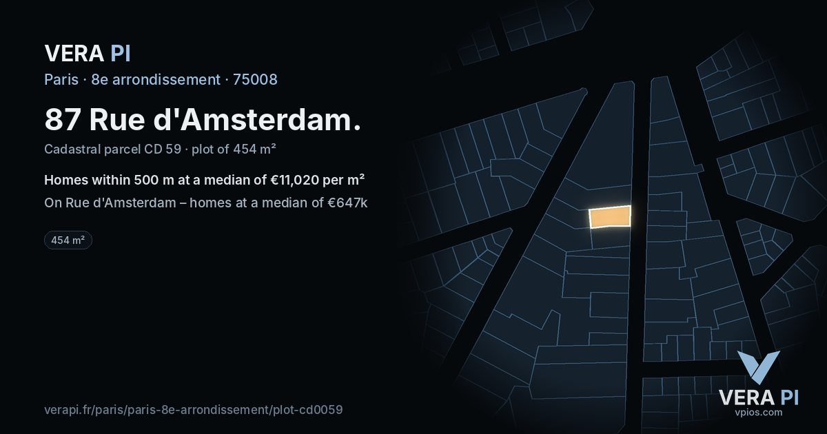 87 Rue d'Amsterdam, 8e arrondissement at night – the plot lit, the parcels around coloured by the prices near them