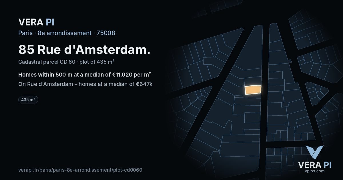 85 Rue d'Amsterdam, 8e arrondissement at night – the plot lit, the parcels around coloured by the prices near them