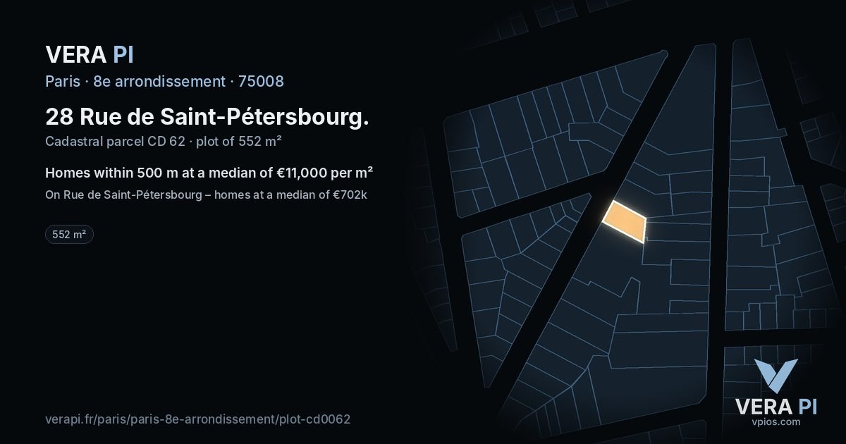 28 Rue de Saint-Pétersbourg, 8e arrondissement at night – the plot lit, the parcels around coloured by the prices near them