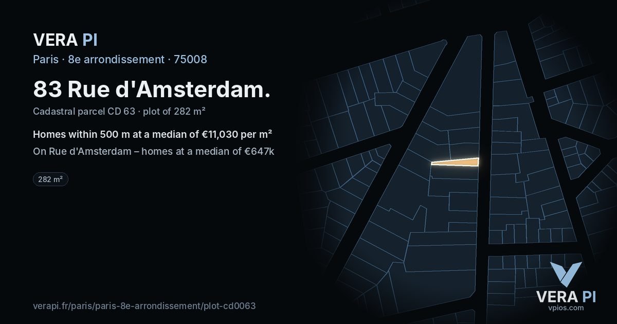 83 Rue d'Amsterdam, 8e arrondissement at night – the plot lit, the parcels around coloured by the prices near them