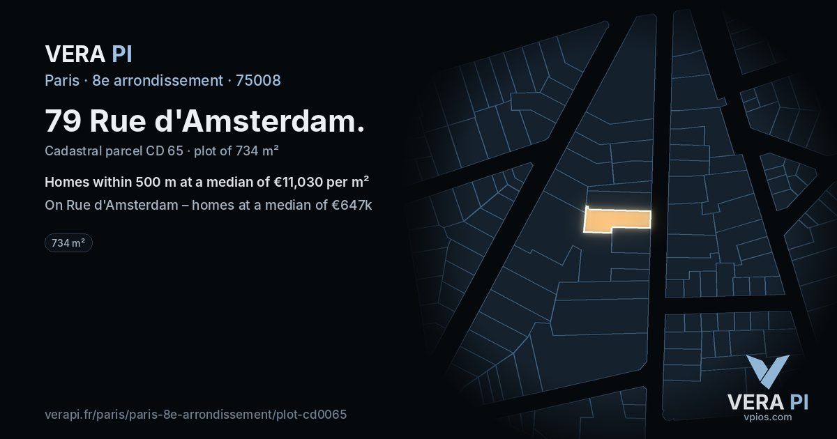 79 Rue d'Amsterdam, 8e arrondissement at night – the plot lit, the parcels around coloured by the prices near them