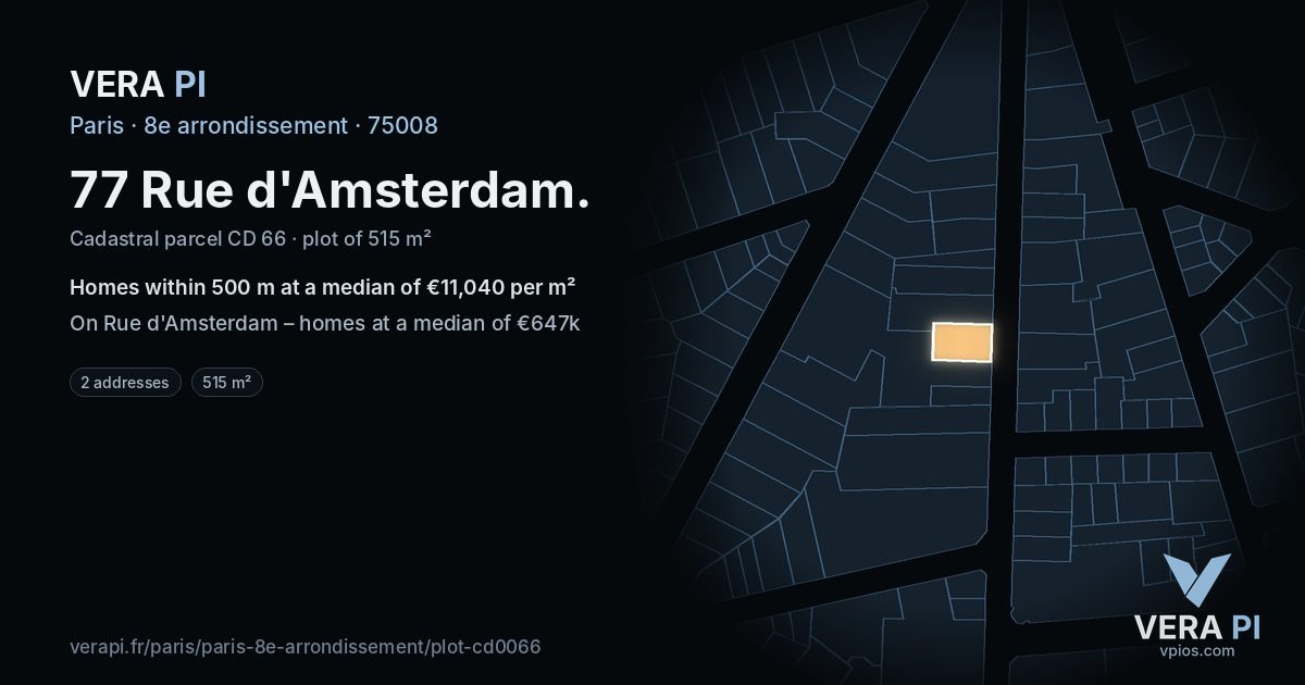 77 Rue d'Amsterdam, 8e arrondissement at night – the plot lit, the parcels around coloured by the prices near them