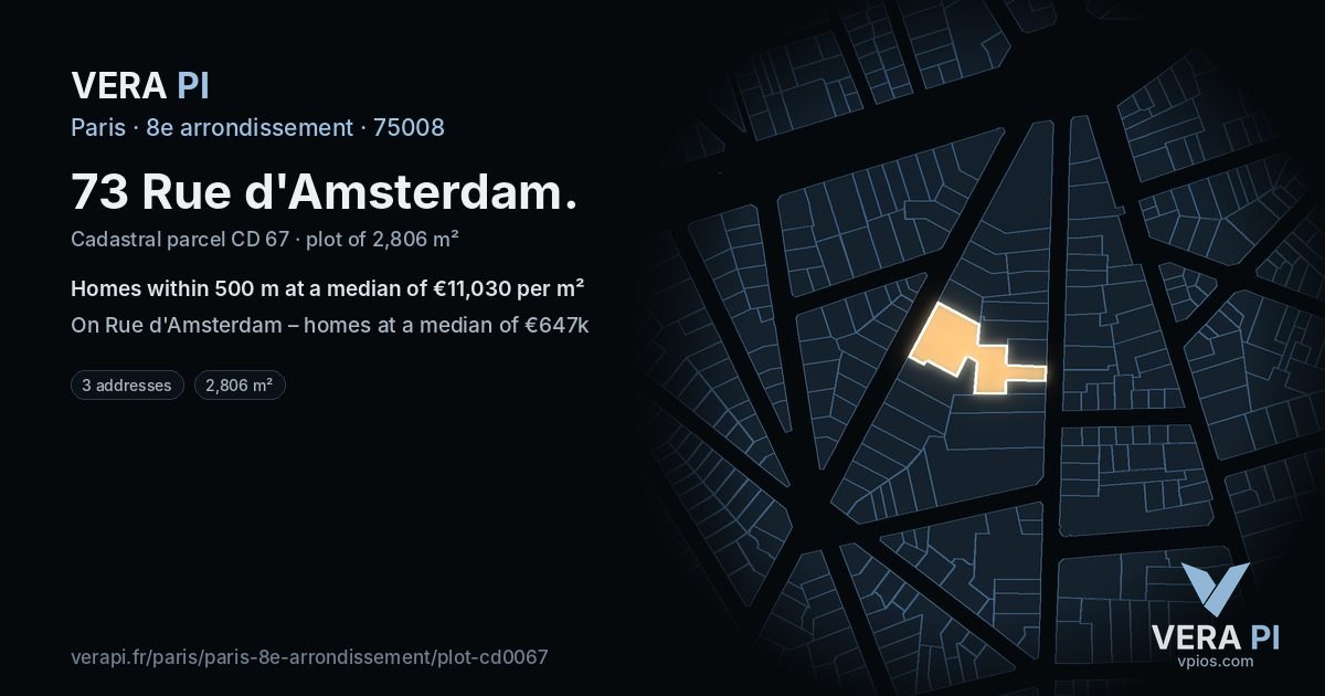 73 Rue d'Amsterdam, 8e arrondissement at night – the plot lit, the parcels around coloured by the prices near them