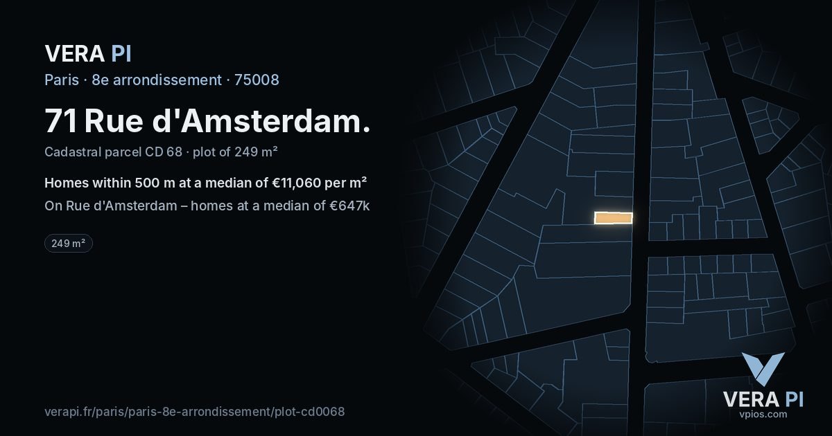 71 Rue d'Amsterdam, 8e arrondissement at night – the plot lit, the parcels around coloured by the prices near them