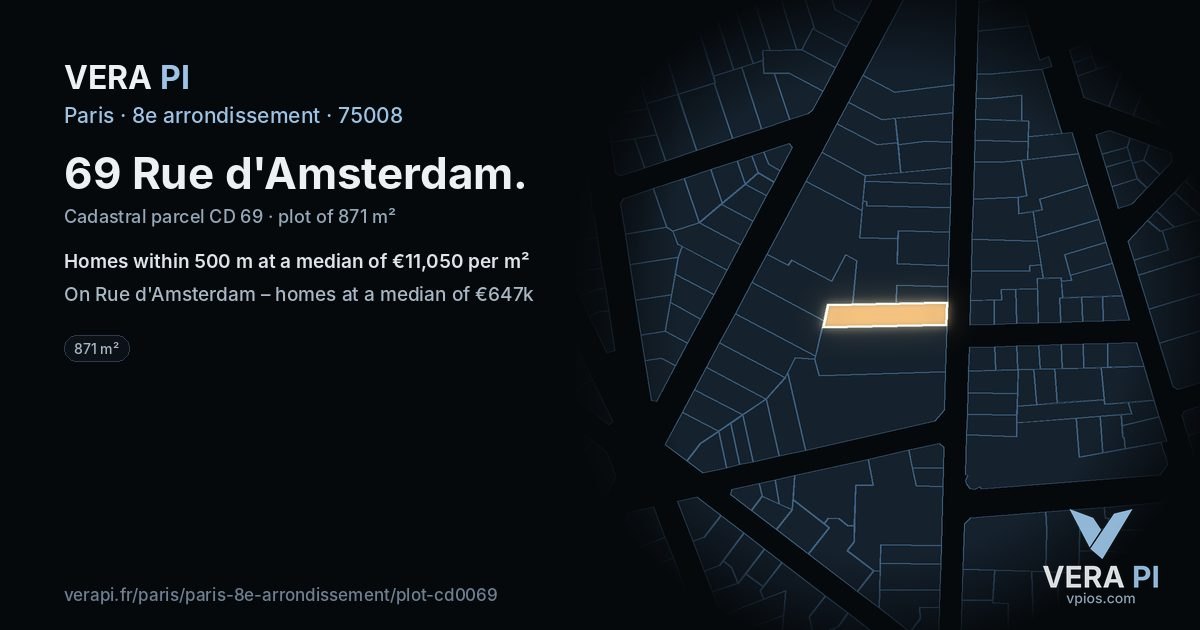 69 Rue d'Amsterdam, 8e arrondissement at night – the plot lit, the parcels around coloured by the prices near them