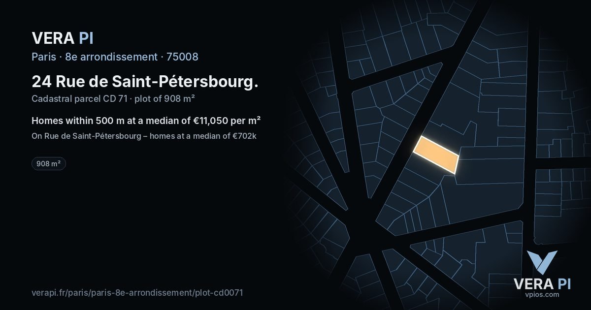 24 Rue de Saint-Pétersbourg, 8e arrondissement at night – the plot lit, the parcels around coloured by the prices near them