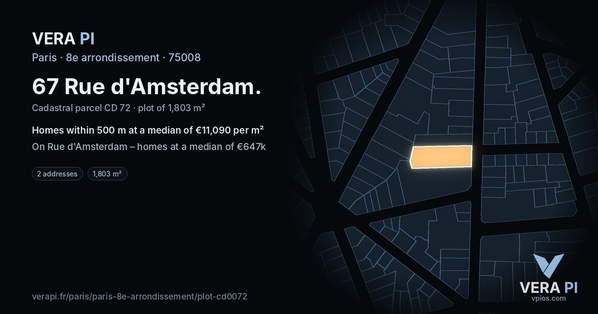 67 Rue d'Amsterdam, 8e arrondissement at night – the plot lit, the parcels around coloured by the prices near them