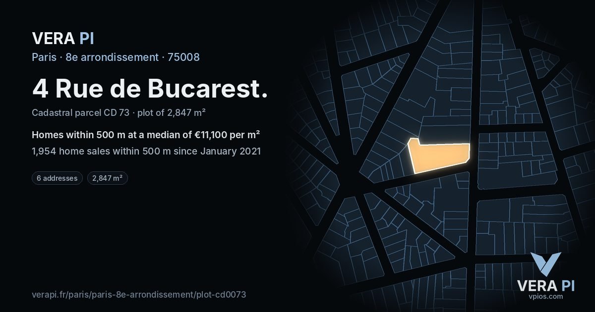 4 Rue de Bucarest, 8e arrondissement at night – the plot lit, the parcels around coloured by the prices near them