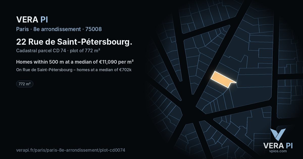 22 Rue de Saint-Pétersbourg, 8e arrondissement at night – the plot lit, the parcels around coloured by the prices near them