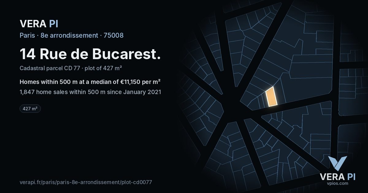 14 Rue de Bucarest, 8e arrondissement at night – the plot lit, the parcels around coloured by the prices near them