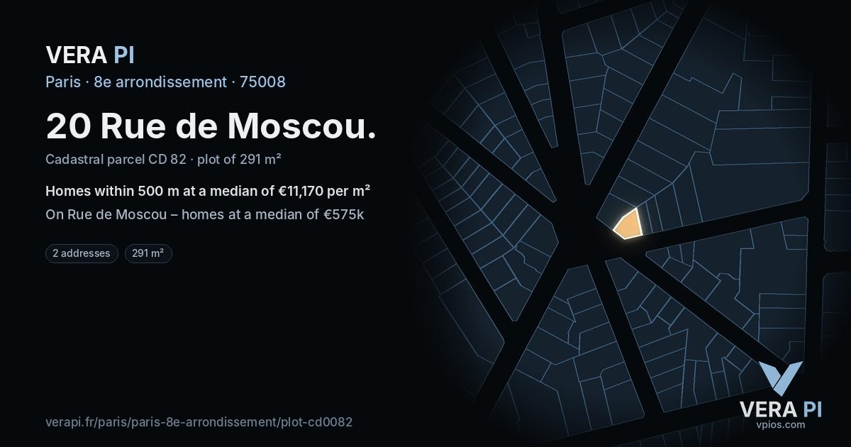 20 Rue de Moscou, 8e arrondissement at night – the plot lit, the parcels around coloured by the prices near them