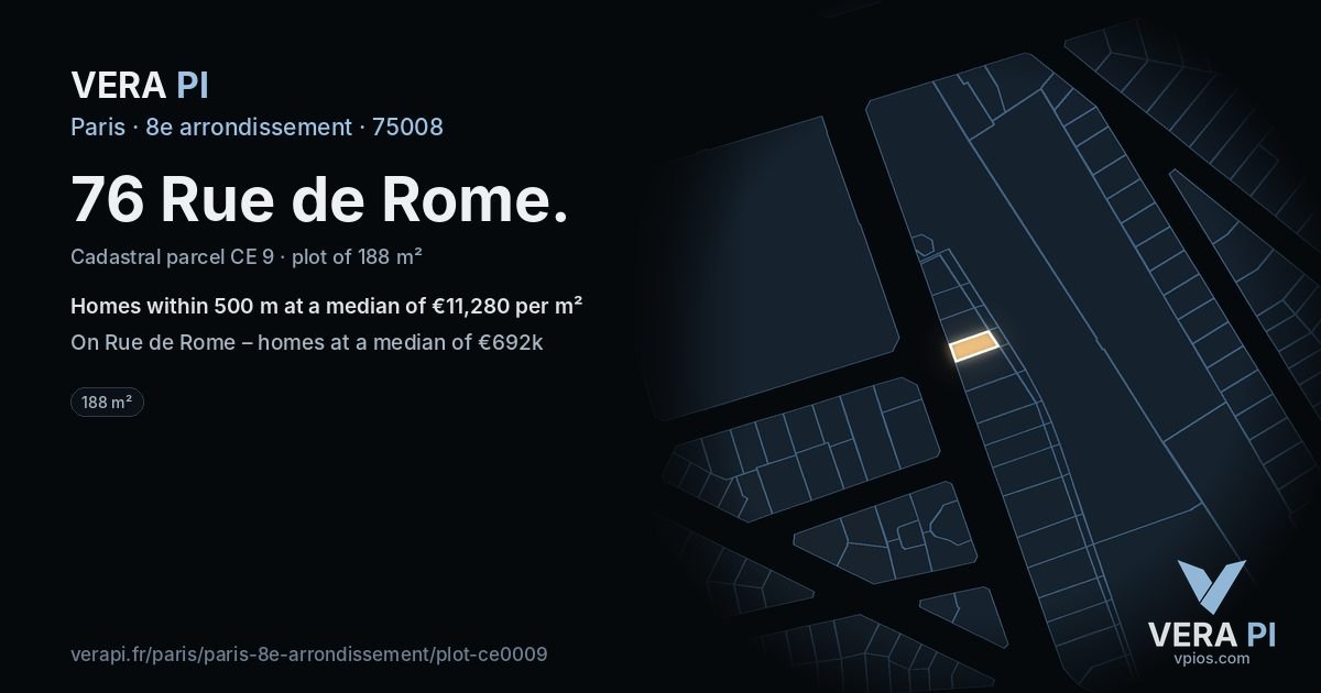 76 Rue de Rome, 8e arrondissement at night – the plot lit, the parcels around coloured by the prices near them