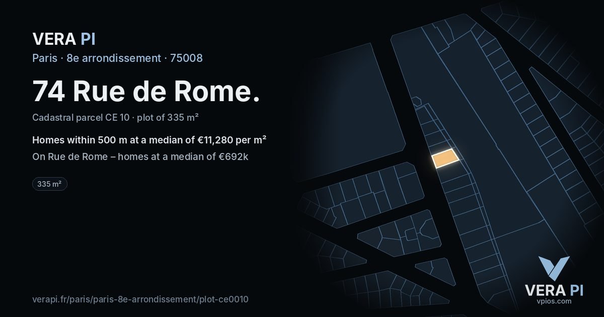 74 Rue de Rome, 8e arrondissement at night – the plot lit, the parcels around coloured by the prices near them
