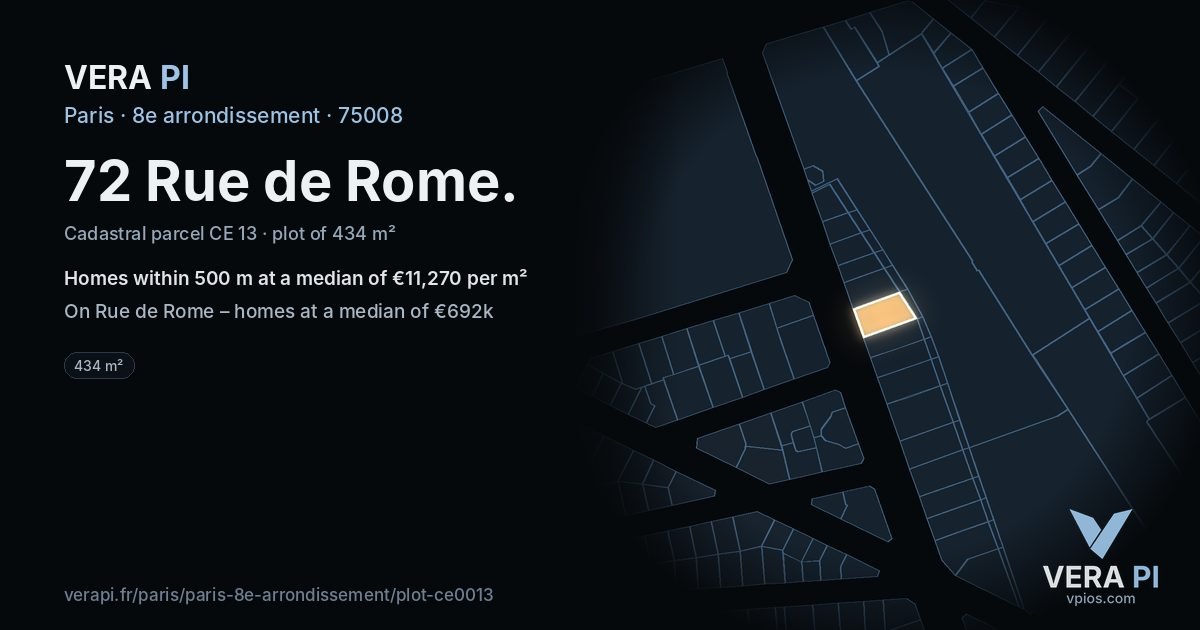 72 Rue de Rome, 8e arrondissement at night – the plot lit, the parcels around coloured by the prices near them