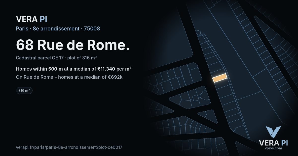 68 Rue de Rome, 8e arrondissement at night – the plot lit, the parcels around coloured by the prices near them