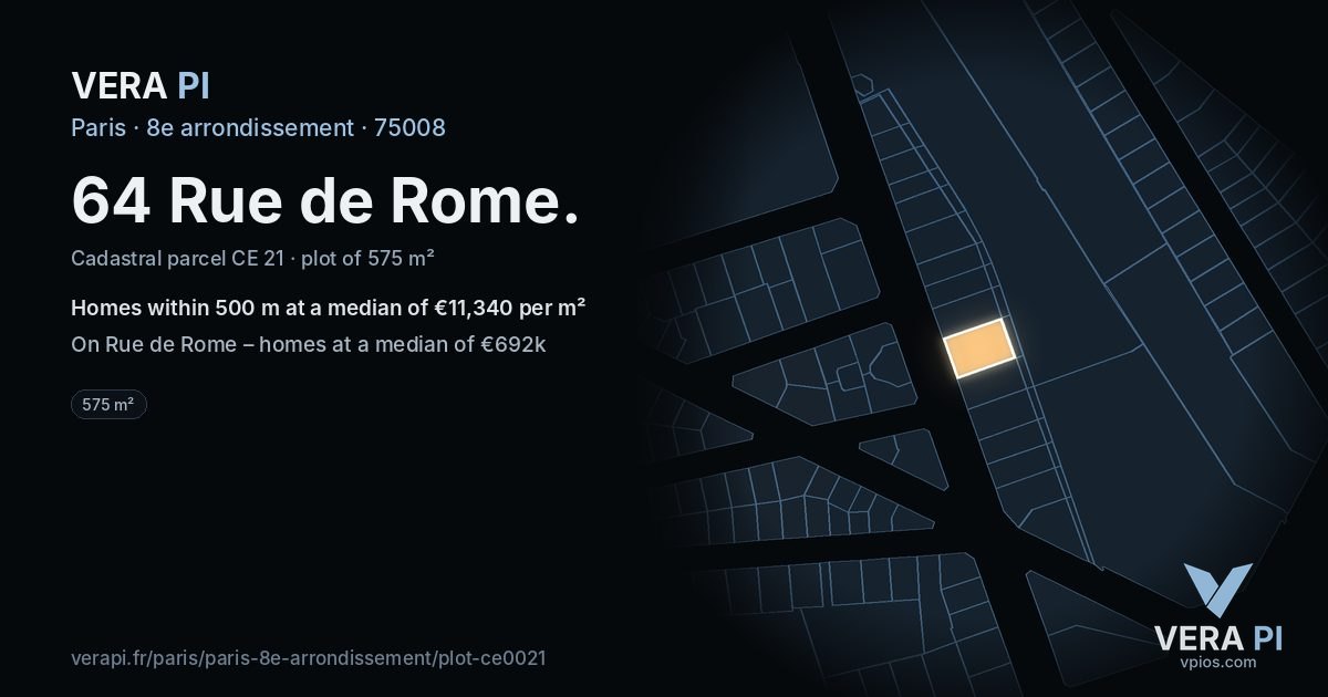 64 Rue de Rome, 8e arrondissement at night – the plot lit, the parcels around coloured by the prices near them