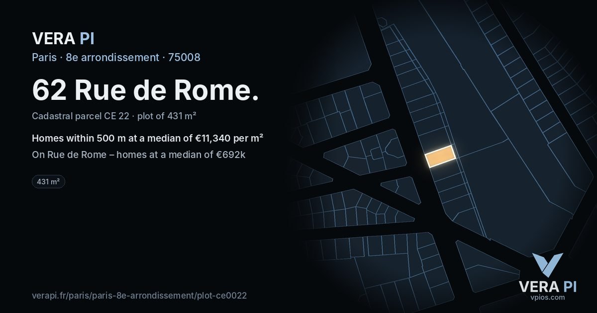 62 Rue de Rome, 8e arrondissement at night – the plot lit, the parcels around coloured by the prices near them