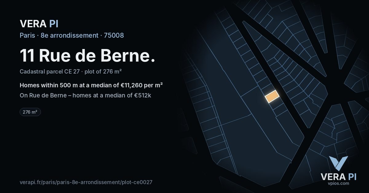 11 Rue de Berne, 8e arrondissement at night – the plot lit, the parcels around coloured by the prices near them