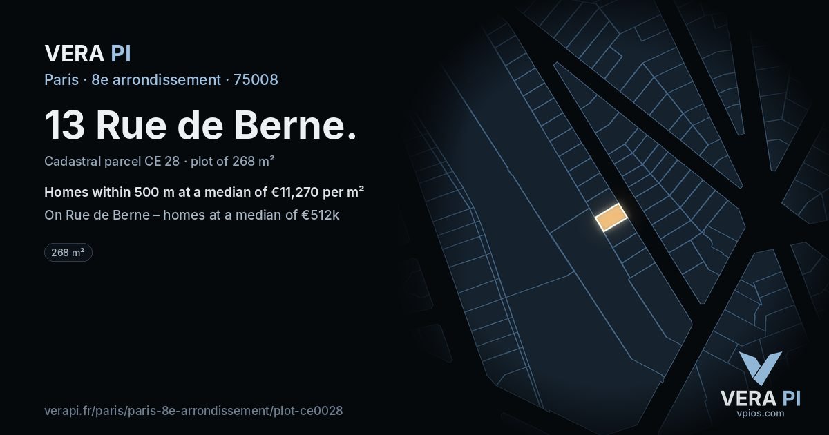 13 Rue de Berne, 8e arrondissement at night – the plot lit, the parcels around coloured by the prices near them