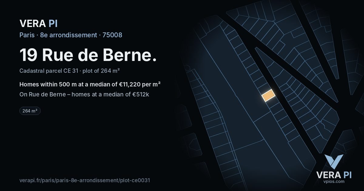 19 Rue de Berne, 8e arrondissement at night – the plot lit, the parcels around coloured by the prices near them