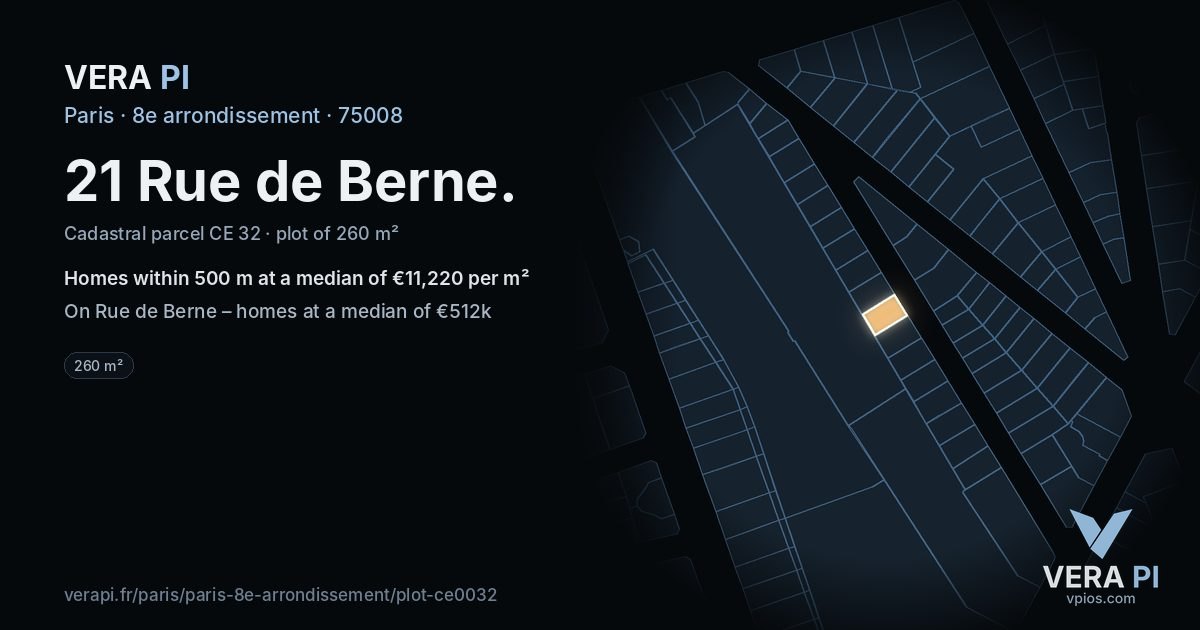 21 Rue de Berne, 8e arrondissement at night – the plot lit, the parcels around coloured by the prices near them
