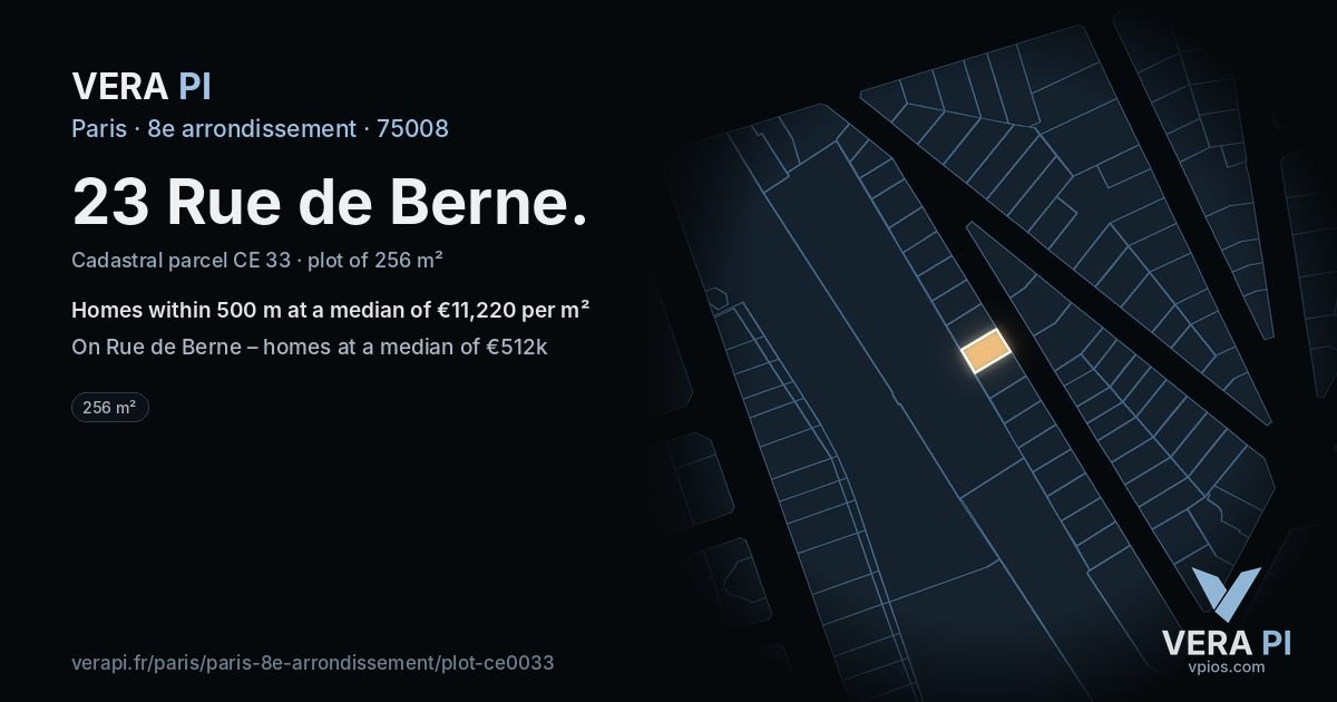 23 Rue de Berne, 8e arrondissement at night – the plot lit, the parcels around coloured by the prices near them