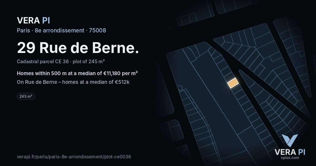 29 Rue de Berne, 8e arrondissement at night – the plot lit, the parcels around coloured by the prices near them