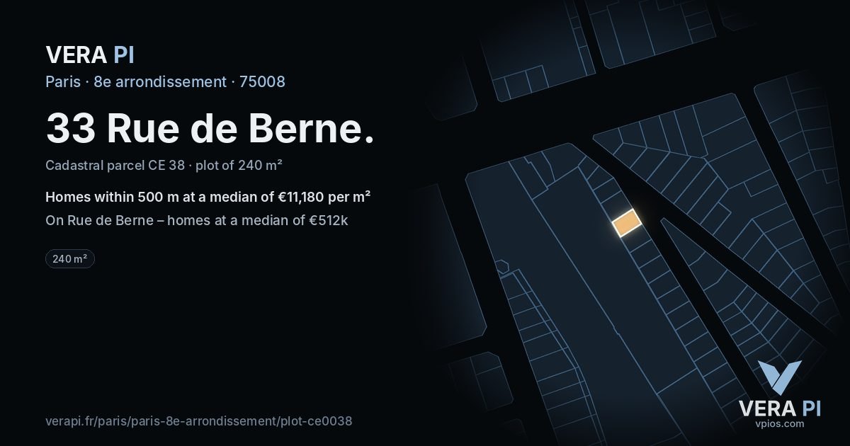 33 Rue de Berne, 8e arrondissement at night – the plot lit, the parcels around coloured by the prices near them