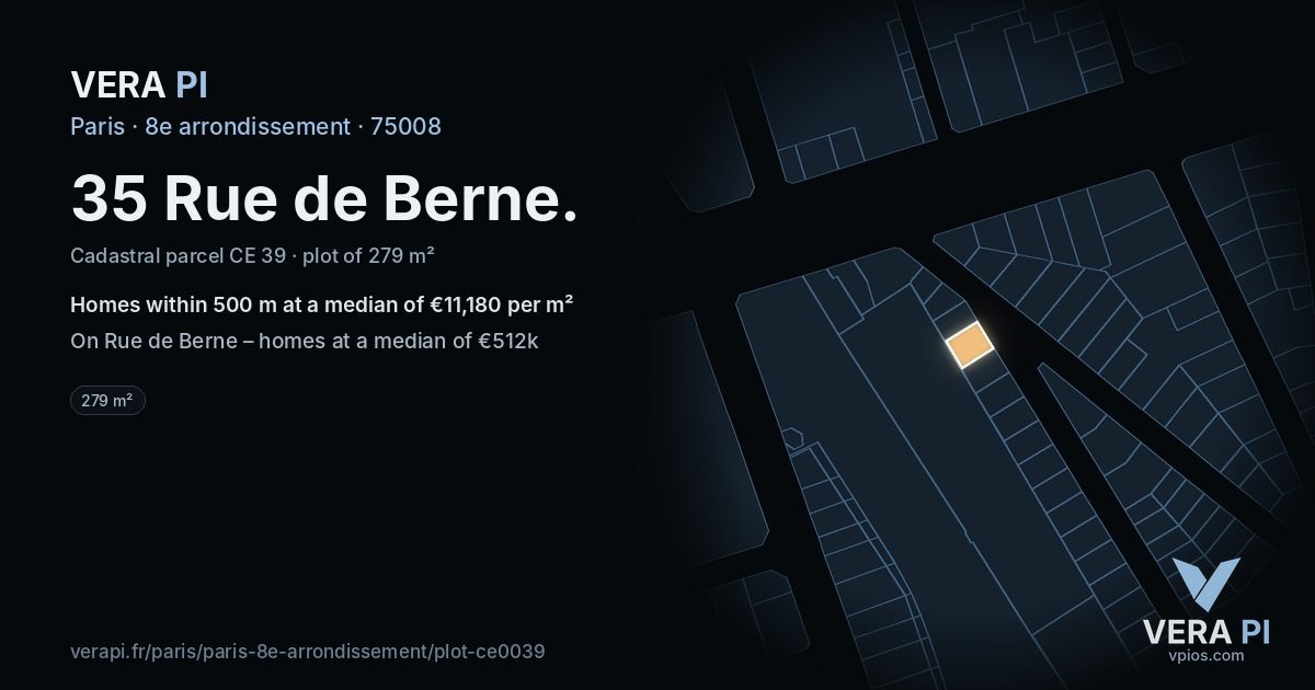 35 Rue de Berne, 8e arrondissement at night – the plot lit, the parcels around coloured by the prices near them