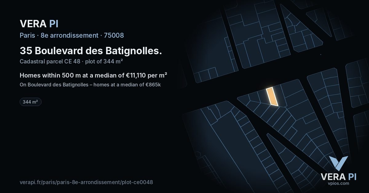 35 Boulevard des Batignolles, 8e arrondissement at night – the plot lit, the parcels around coloured by the prices near them