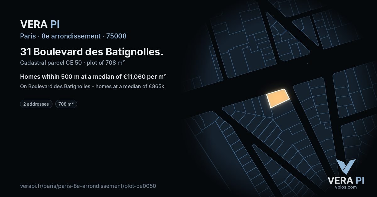 31 Boulevard des Batignolles, 8e arrondissement at night – the plot lit, the parcels around coloured by the prices near them