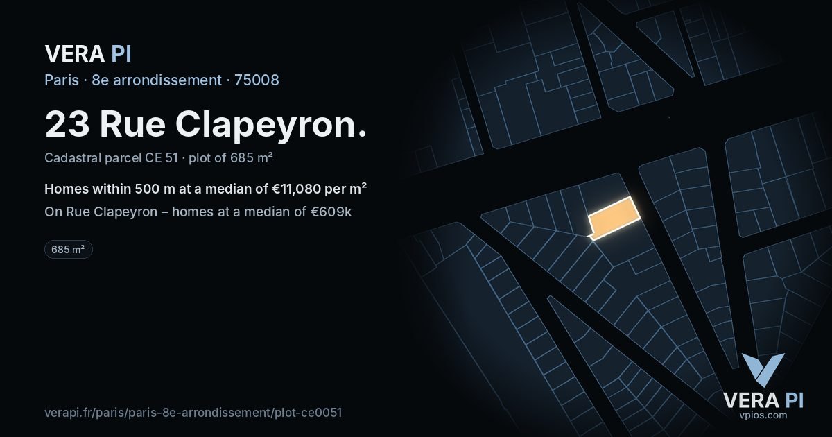 23 Rue Clapeyron, 8e arrondissement at night – the plot lit, the parcels around coloured by the prices near them
